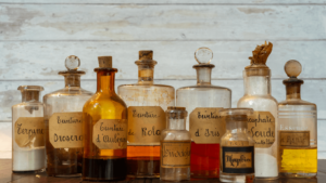 Row of vintage apothecary's bottles