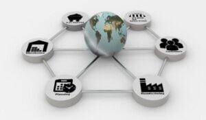 Supply Chain network with earth globe on white background