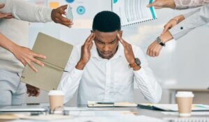 Stress, Burnout and Tired Black Man with Headache