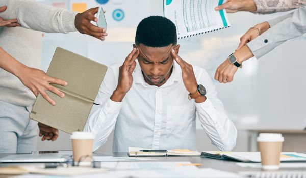 Stress, Burnout and Tired Black Man with Headache