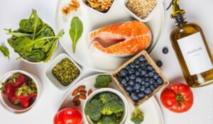 Variety of fresh, whole unprocessed food; healthy nutrition, anti-inflammatory diet