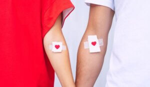 Blood donation. Blood donors with bandage after giving blood