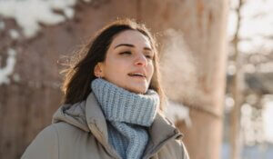 Young woman exhaling steam on freezing cold weather
