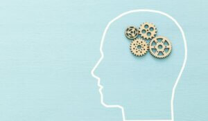 Brain order made from wooden cogwheels into human head. Concept of thinking, workflow, adhd and learning.