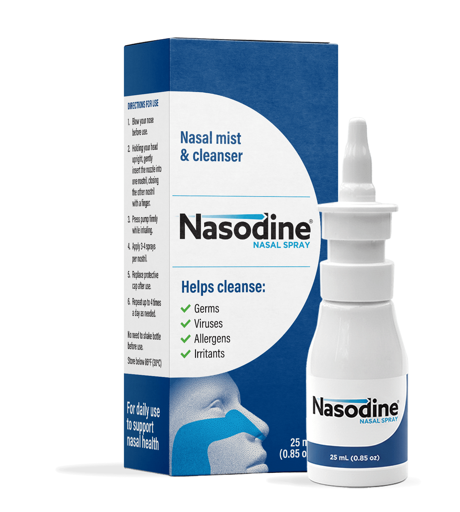 Nasodine is a gentle antiseptic nasal spray that cleanses the nasal passages of germs and other contaminants.