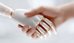 AI therapy robot shaking hands